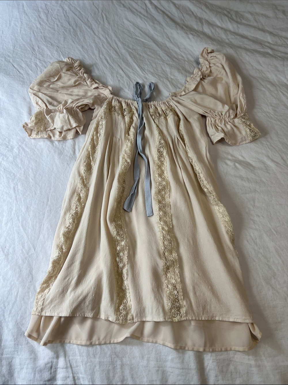 Cream Lace-Trim Puff Sleeve Peasant Dress